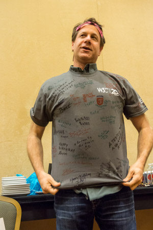 Ian dons his signed t-shirt 3
