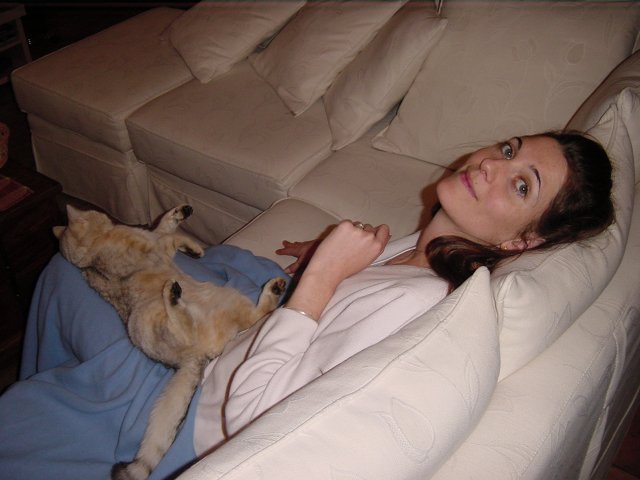 Emu sprawled on Coralie's lap