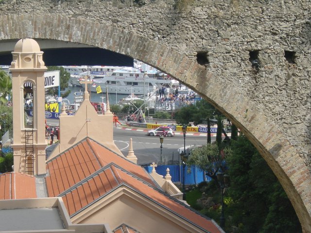 A racing car under the bridge