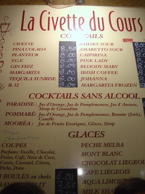 Drinks list on the wall, La Civette du Cours