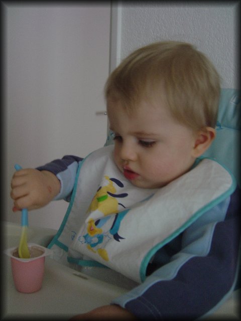 Alexis busy diving his spoon in the yoghurt