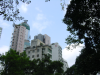Buildings and trees against blue sky