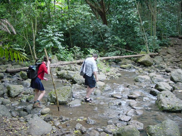 Christelle using the stick in the stream, Daniel