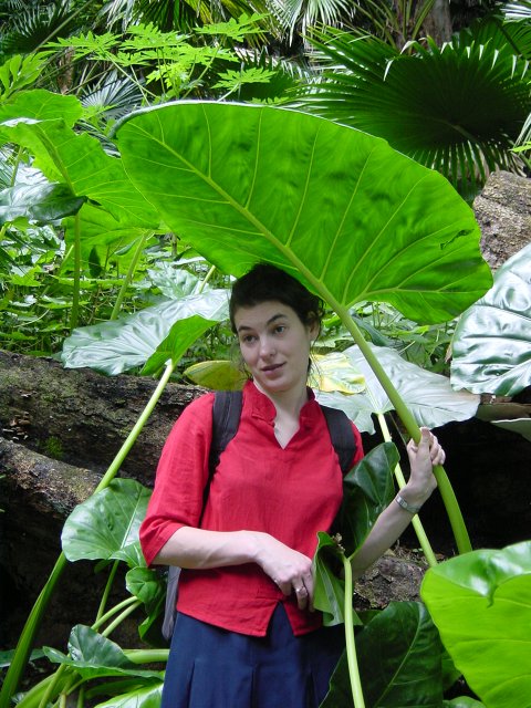 Christelle holding an umbrella like leaf