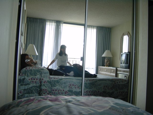 In the mirror: Coralie and Caroline, hotel room Waikiki Tower, Honolulu