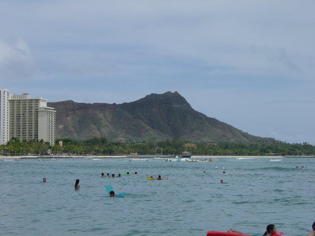 Water in the foreground and Diamond Head in the background