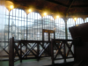 Exiting the cabin of the funicular, view on the Royal Palace through the window panes of the funicular house