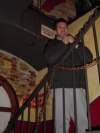 Communism nostalgia restaurant: Daniel climbing the stairs