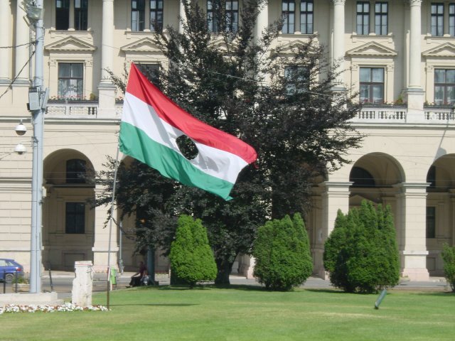 Hungarian flag with a hole in the middle (remembrance of 1956 or 65)