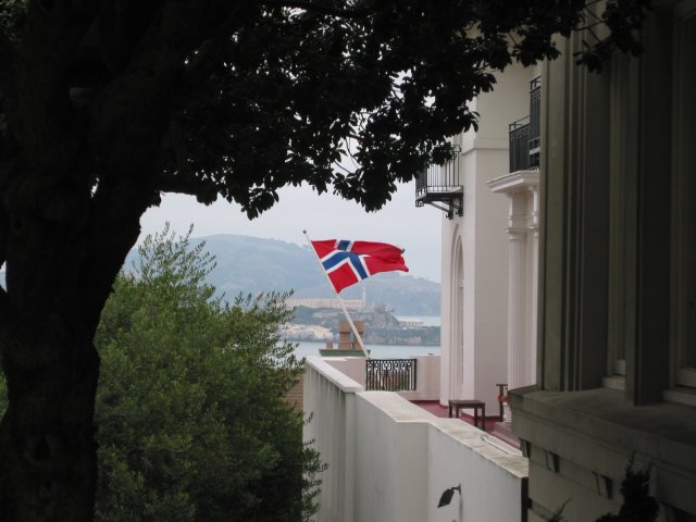 Alcatraz behind a flag