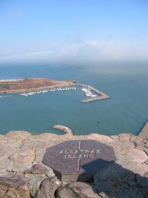 Engraving pointing to Alcatraz Island, Harbour below