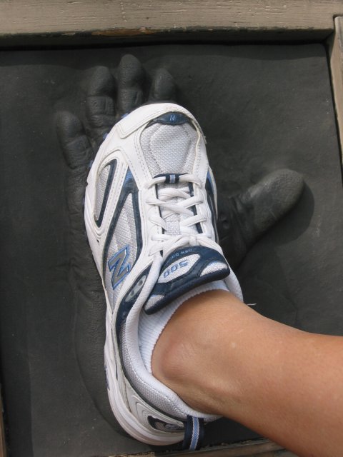 Alex's foot on an imprint of a gorilla foot