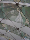 View on the pond and large white christmas tree through glass