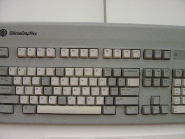 Keyboard (dangling next to an office door) arranged with names of occupants