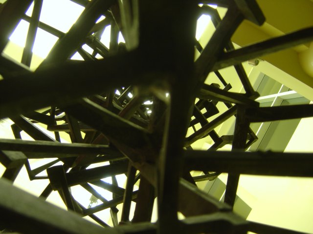 View from below of a metallic sculpture at Sonesta