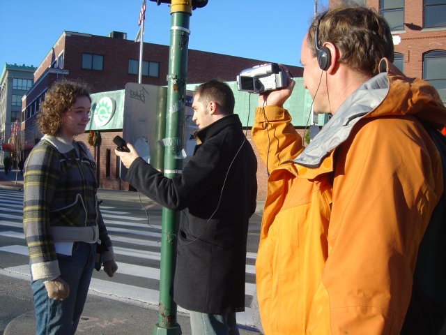 Olivier interviewing a girl, Tim filming