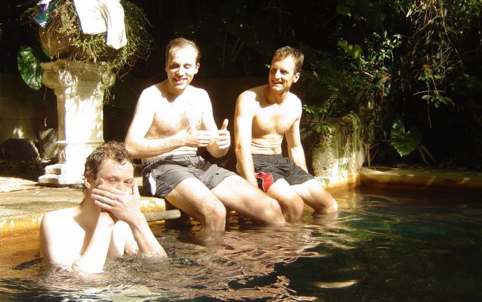 Joel, Nico and Fabrice at the hot water pool, camp site, Matamata
