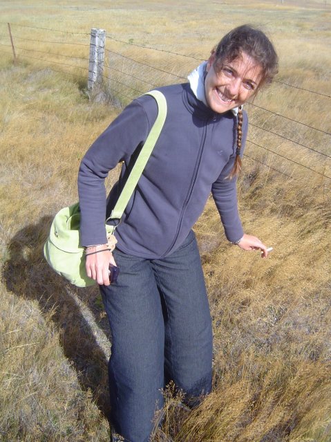 Coralie in a windy spot, trousers full of wind