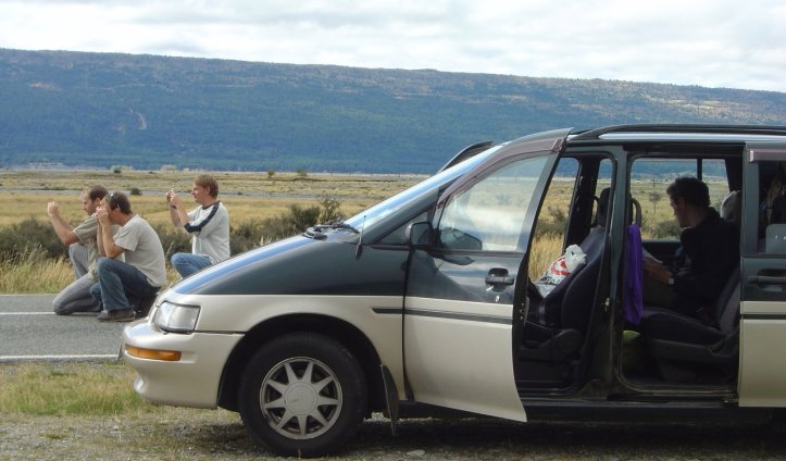 Nico, Fabrice, Nicolas taking photos of Mount Cook while Joel waits patiently in the car