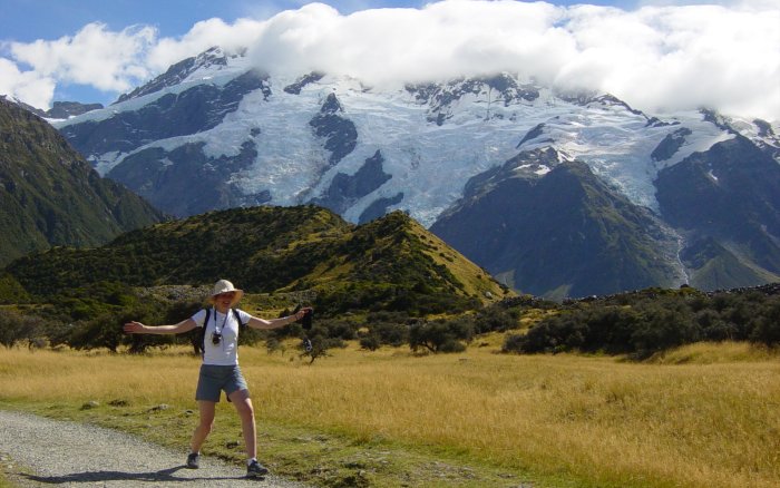 Coralie (leaping cheerfully?) in Mt Cook National Park