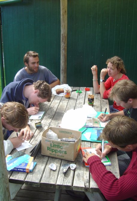 The Frenchies writing postcards at our backpacker of Punakaiki while the Dutch are having breakfast