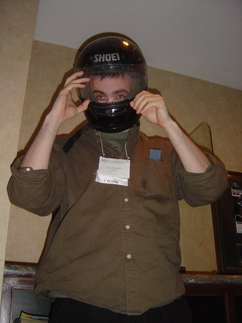 Dan Brickley wearing a helmet, Hyatt Harborside, Boston