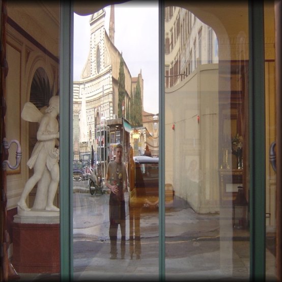 Near Piazza Santa Maria Novella, ericP and my distorted reflections in a window, Firenze