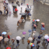 Going up il Campanile, Firenze, horse carriages, crowd under umbrellas