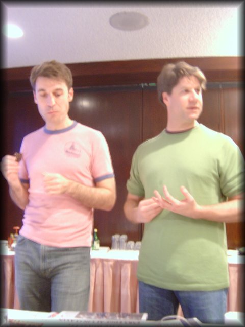 Karl wearing pink and Ian wearing green