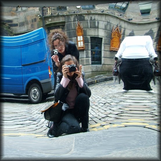 Distortion mirror, Camera Obscura. Amy and I forming a totem of selfportrait photographers