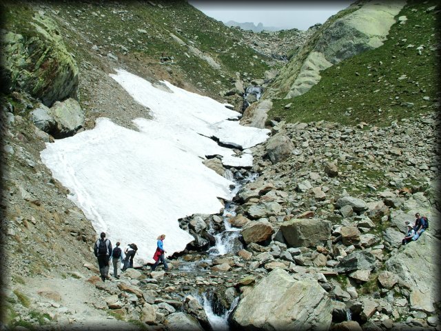 Our group crossing a stream by a glacier