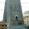Towers from the 12th century on Piazza Ravegnana. Torre degli Asinelli is the straight one and it's 97,20 m. high. Torre Garisenda is the slanted one and it's 47 m. high.