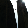 Towers from the 12th century on Piazza Ravegnana. Torre degli Asinelli is the straight one and it's 97,20 m. high. Torre Garisenda is the slanted one and it's 47 m. high.