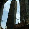 Everything is pointing toward a point far far far up. Towers from the 12th century on Piazza Ravegnana. Torre degli Asinelli is the straight one and it's 97,20 m. high. Torre Garisenda is the slanted one and it's 47 m. high.