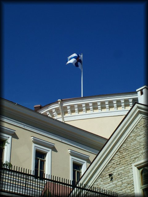 Estonian flag against a deep blue sky