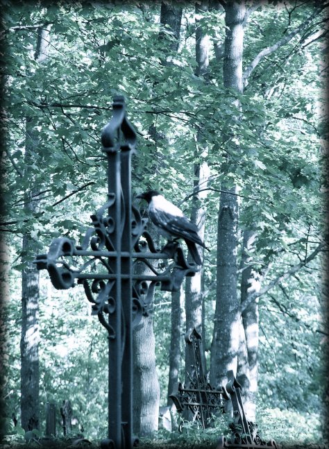 A crow perched on the branch of a cross.