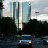 Towers next to the European Central Bank in Frankfurt am Main, Germany, looking like they're wrapped in kitchen foil.