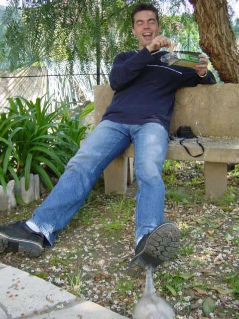 Stephane laughing at the cat
