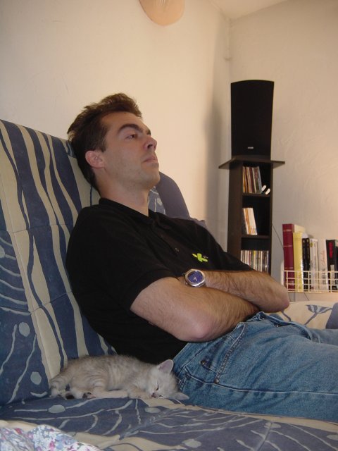 Emu sleeping, Steph watching TV