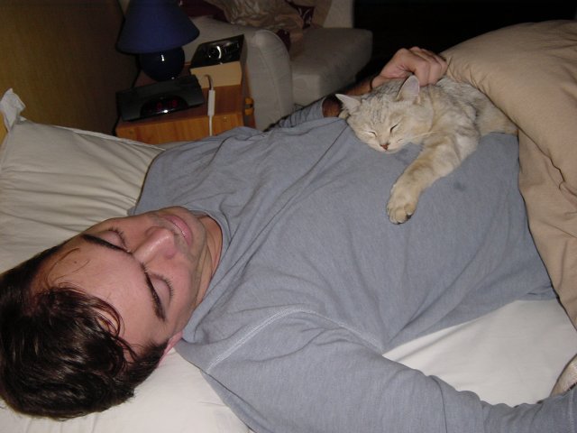 Emu sprawled on Steph's belly