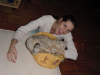 Emu biting Coralie's forearm