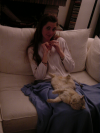 Emu sprawled on Coralie's lap
