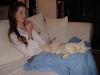 Emu sprawled on Coralie's lap