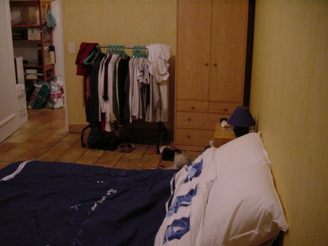 Vue depuis le fond de la chambre: lit, porte, portant, armoire