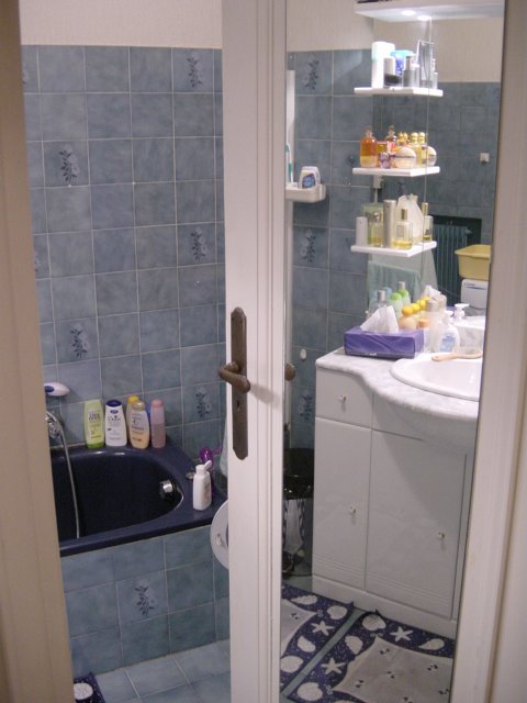 Vue depuis le hall sur la salle de bain: baignoire au fond, dans la miroir de la porte de la salle de bain: lavabo et miroir