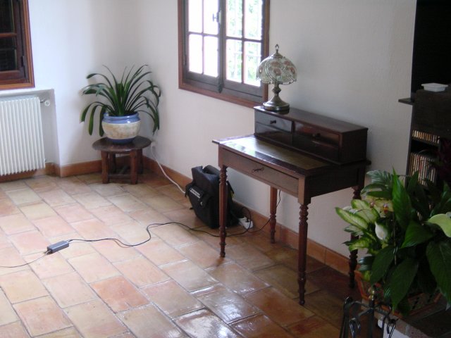 Vue sur le coin du salon: tablette et plante, sac a laptop, fenetre et secretaire (a droite colonne de cd, enceinte, plantes de la cheminee)