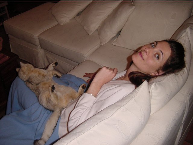 Emu sprawled on Coralie's lap