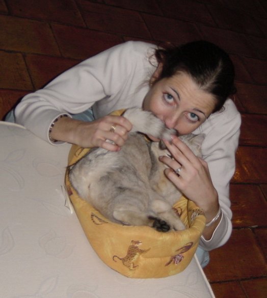 Coralie hidden behind the cat