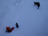 Enfants jouant dans la neige accompagnes d'un chien