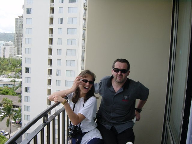 Caroline and Daniel on the balcony of the room in our first hotel